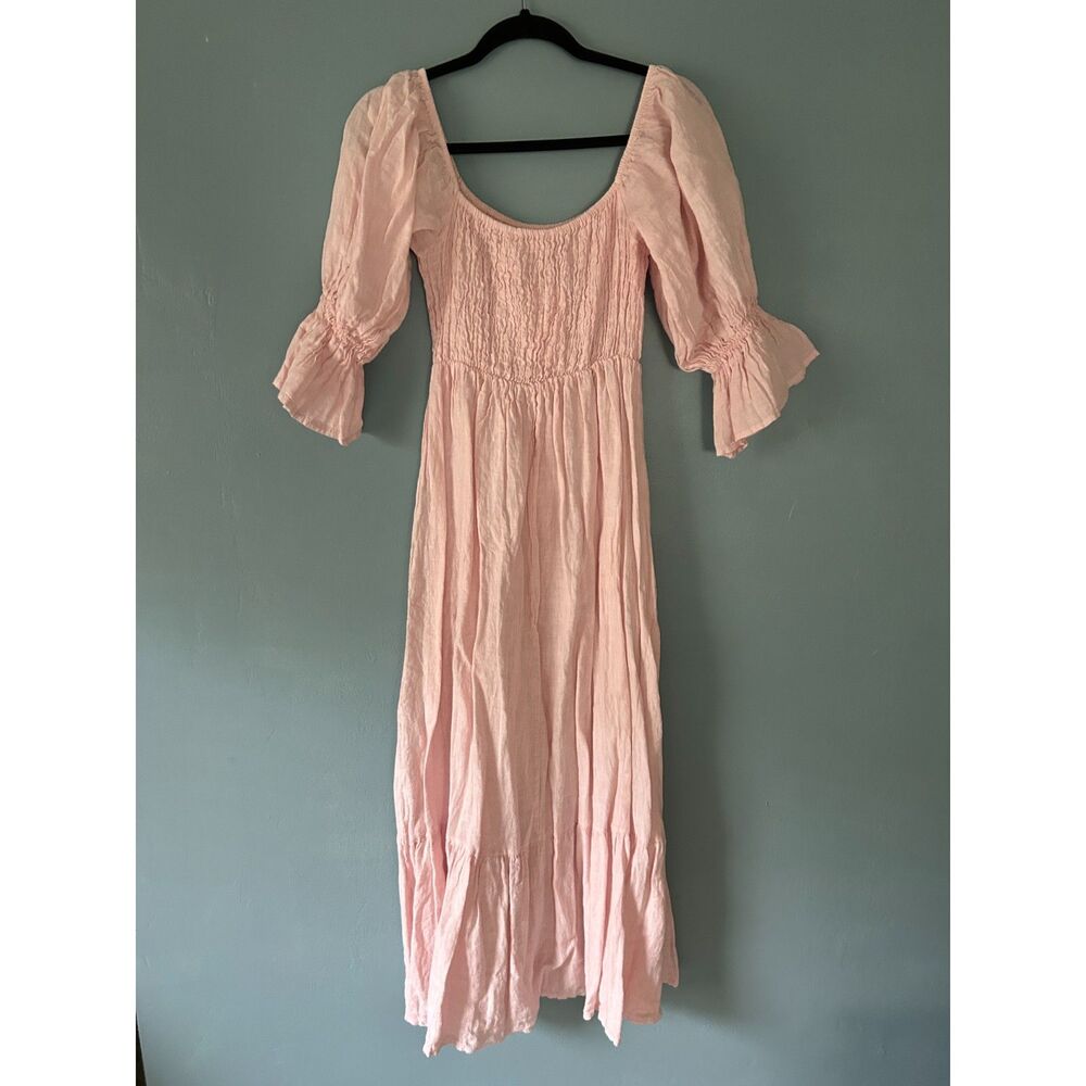NWT Beachwood The Deia 100% linen pink maxi dress puffed sleeves one size